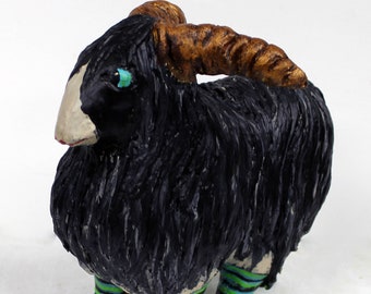 Whimsical Paper Mache Clay Ram Sculpture - Sam the Ram