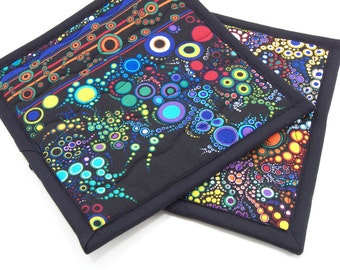 Quilted Potholders, Fabric Hot Pads - Colorful Brights on Black Cotton Pot Holders