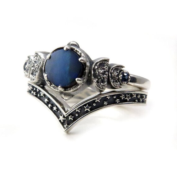 Dark Blue Boulder Opal Moon Phase Sterling Silver Ring with Sapphires and Stardust Chevron Wedding Band