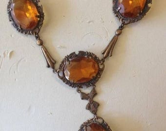 Czech Amber Glass and Brass Art Deco Lavalier Necklace