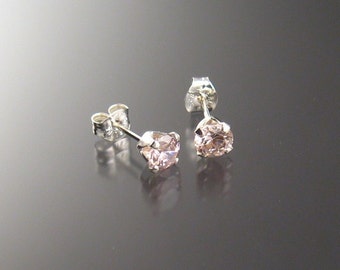 Pink Cubic Zirconia posts 5 mm Round, sterling silver