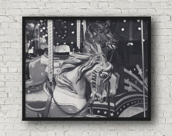 County fair fine art photography print, horse carousel, carnival photography, black and white photography, nursery art, (fair bw 02)