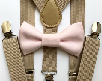 Bowtie and Suspenders Set/Ballet Pink Bowtie/Blush Pink Bowtie/Tan Suspenders/Baby and Toddler Bowties/Birthday and Wedding Sets