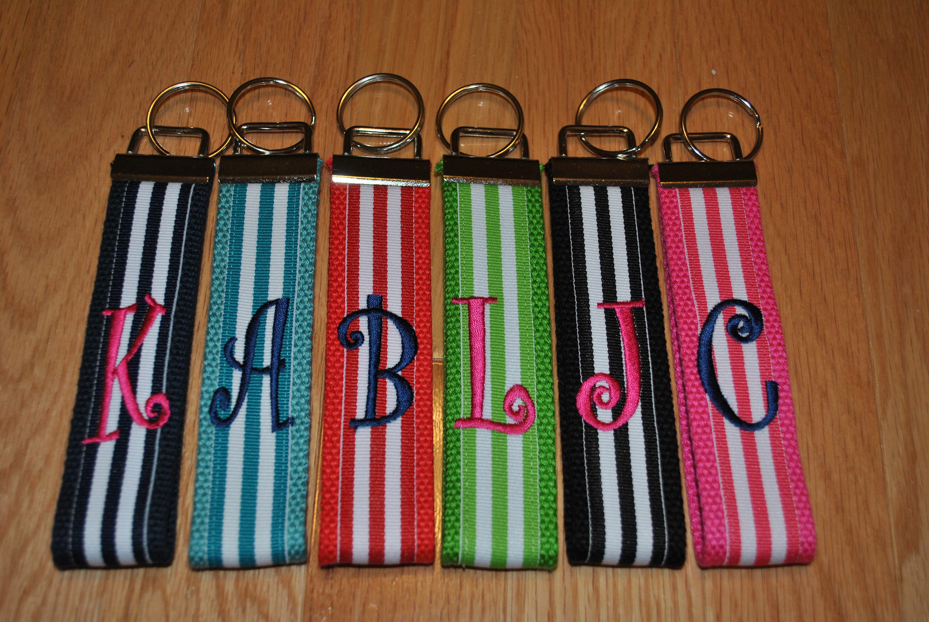 Striped Ribbon Keychain Monogrammed Key Fob Keychain Cotton