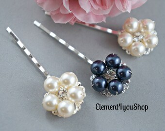 Bridal hair clips, Ivory navy blue hair accessories, Bridesmaid Flower girl hair pins, Wedding hair clips, set of 3 bridal hair pins, Silver