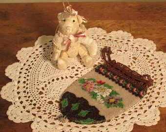 Beaded Purse, Vintage Beaded Bag, Antique Beaded Drawstring Purse with Flower Design, Ladies Reticule Bag, Drawstring Bag, 1800s