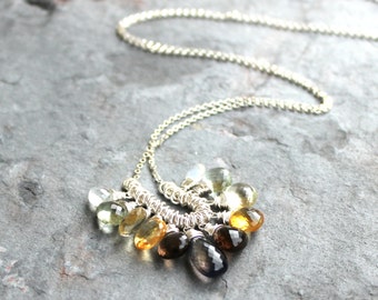 Gemstone Necklace Multi Stone Necklace Briolette Cluster Sterling Silver Citrine Iolite Necklace