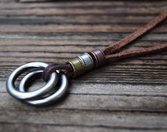 Men's Leather Necklace, Adjustable, Mixed Metal Circle Necklace, Leather Surfer Circle Necklace, Gunmetal Rings, Unisex, Groomsmen Gift