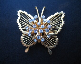 Vintage Signed Monet Gold Tone Rhinestone Butterfly Brooch