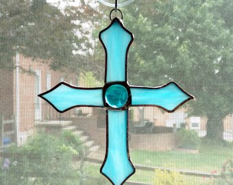 Stained Glass Cross Suncatcher - Blue Cross - Cross Ornament - Religious Decor - Christian Gift - Christening Gift - Confirmation - Baptism