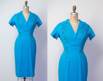 1950s Linen Dress / 50s Teal Wiggle Dress