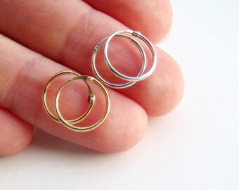 18k gold hoop earrings, 11mm single/pair small hoops YELLOW / WHITE 18 carat minimalist dainty tiny casual simple Italy italian Nickel Free
