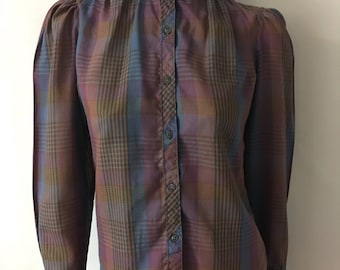 Vintage Women's 80's Ruffle Blouse, Plaid, Long Sleeve by Jan Taylor (M)