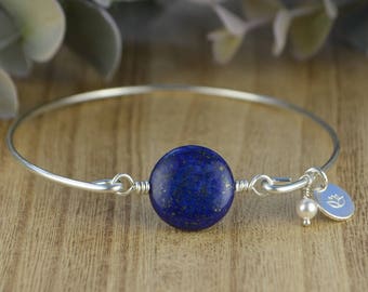 Lapis Lazuli Bangle Bracelet- Large Round Lapis Lazuli with or without Charms, Sterling Silver Filled Wire Wrap Bracelet-Custom Made to Size