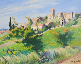 Vintage French Oil Painting Landscape - Hillside in Provence