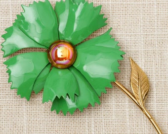 Kelly Green Flower Brooch Vintage Gold Iridescent Broach Costume Jewelry Pin 6Y