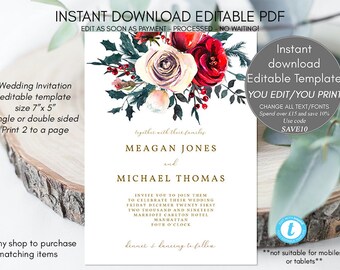 christmas wedding invitation printable, christmas invitation template, winter wedding invitations rustic, holly wedding invite, templett,7x5