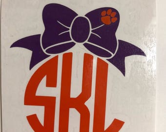 Clemson monogram, bow decal, monogram decal, car decal, clemson decal, tumbler decal, yeti decal, laptop decal, clipboard decal, cup decal
