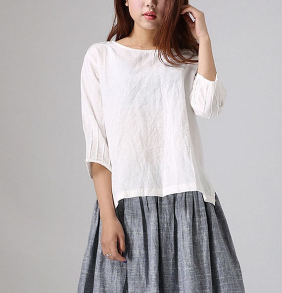Loose White Linen Shirt Handmade Blouse with Pintuck Sleeves