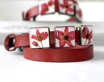 Red bracelet Leather bracelet anniversary gift bracelet for wife Eco Friendly bracelet for girlfriend Red flowers bracelet Special gifts