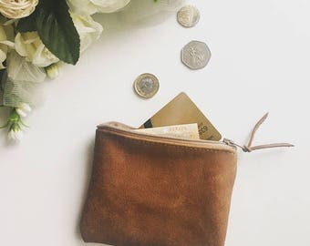 Leather coin purse, leather pouch lined / Leather card holder/ tan leather purse / distressed leather / leather wallet / gifts idea