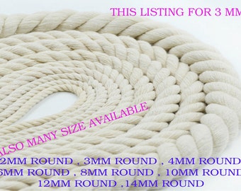 3mm x 1Meter 100% Natural Pure Cotton Rope 3Strand Braided Twisted Cord Twine Sash