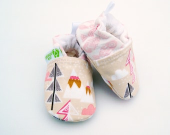 Classic Vegan Forest Mountains and Fish / All Fabric Soft Sole Baby Shoes / Made to Order / Babies