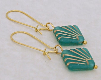 Green Art Deco Earrings .. green and gold earrings, fan, simple earrings