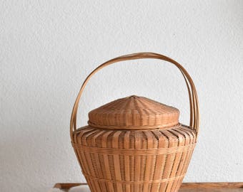 vintage woven wicker rattan basket with handle / snake charmer basket