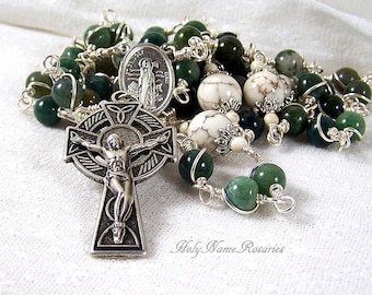 St Brigid Rosary Beads Irish Celtic Cross Bridget St Patrick Green Fancy Agate White Magnesite Wire Wrapped Unbreakable Traditional Catholic