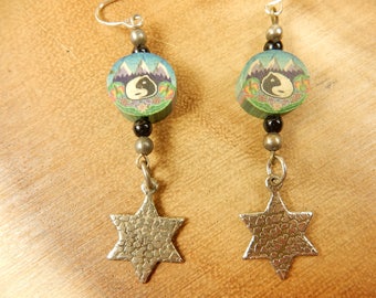 Yin Yang Earrings, Silver Stars, Handmade Earrings