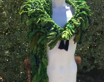 sale Lime green Recycled silk hand knitted boho tattered rag scarf