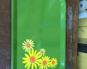 Vintage Green Metal Serving Tray with Yellow Flower