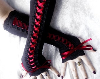Carmine Maiden Victorian Corset Laced Up Arm Warmers | Burgundy Ribbon & Black Lace | Vampire Gothic Wedding Dark Burlesque Sanguine Emo