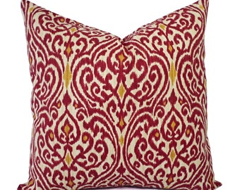 Two Ikat Pillow Covers - Red and Gold Ikat Throw Pillows - Red Pillow Cushion Cover - Maroon Pillows - Pillow Cover 18 x 18 - Euro Sham