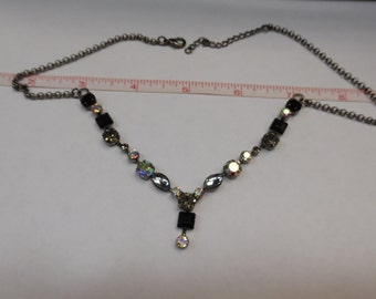 Vintage Aurora Borealis And Black Rhinestone 19" Necklace - Gently Used