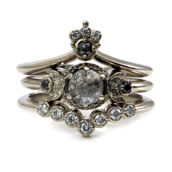Celestial Goth Engagement Ring Set - Black Rutile Quartz Moon Engagement Ring with Nesting Wedding Bands