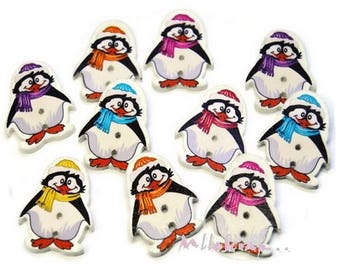 Set of 10 decorated penguins Christmas scrapbooking embellishment wooden buttons *.