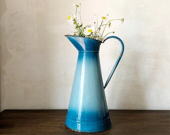 Vintage French Enamel Pitcher Jug Vase / Antique french jug / antique pitcher / antique ceramic jug / french rustic metal jug