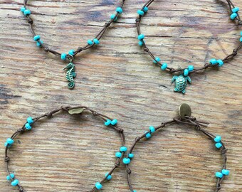 Summer Anklet Blue Bead Charm Dragonfly Sea Horse Sea Turtle Elephant