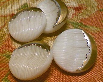 Striking Vintage Milk White Glass Sewing Buttons ~ Gold Luster ~ 11/16 inch 18mm~ Set of 4 with Self Shank