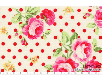 OOP HTF 23 inches Lecien Flower Sugar 2013 Fabric Rose Roses 30747-30 Large Bouquet Floral Flowers RED Polka Dots on White