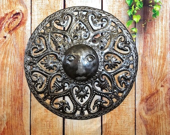 Metal Sun - Handcrafted Wall Art From Haiti, Indoor and outdoor display, Recycled Oil Drums 17" x 17"