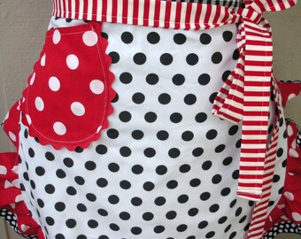 Aprons - Black Dotted Aprons - Red Polka Dotted Aprons - I Love Lucy Aprons - Dotted Apron - Annies Attic Aprons - Handmade Womens Aprons