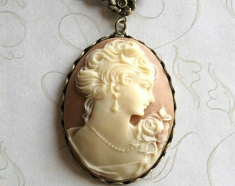 Lady cameo necklace, gift for her, vintage style cameo pendant, long chain necklace, Victorian style