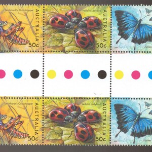 Bugs and Butterflies Gutter Strip of 10 MUH Australia Stamps - Butterfly, Grasshopper, Ladybird Stamps