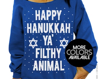 Happy Hanukkah, Ya Filthy Animal, Women's Clothing, Off the Shoulder, Oversized, Slouchy Sweatshirt, Ugly Hanukkah Sweater, Jewish Holiday