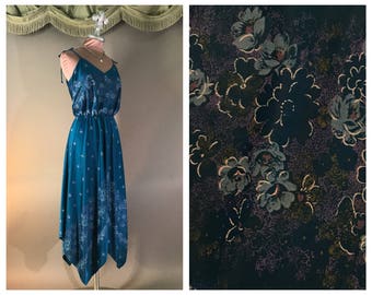 1970s dress vintage 70s TEAL BORDER PRINT floral handkerchief hem nylon jersey blue sun dress