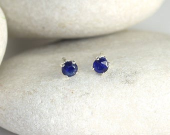 Tiny Sapphire Earrings with Sterling Silver Posts, second hole stud earrings