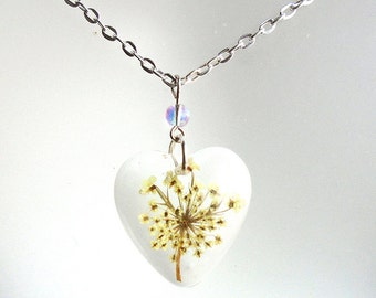 Queen Annes Lace Real Pressed Flower Resin Pendant Heart Necklace